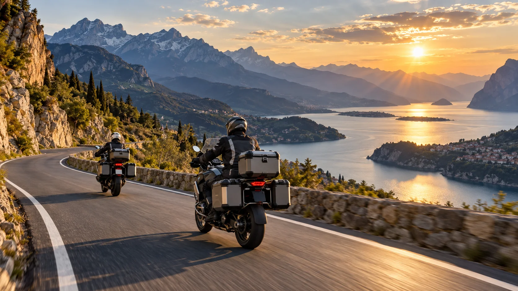Due motociclisti in viaggio insieme lungo una strada sul lago al tramonto