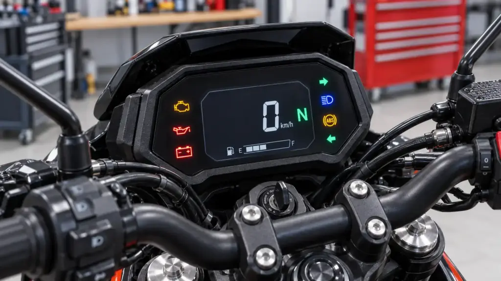 Indicatori luminosi sul cruscotto di una moto prima dell'avviamento