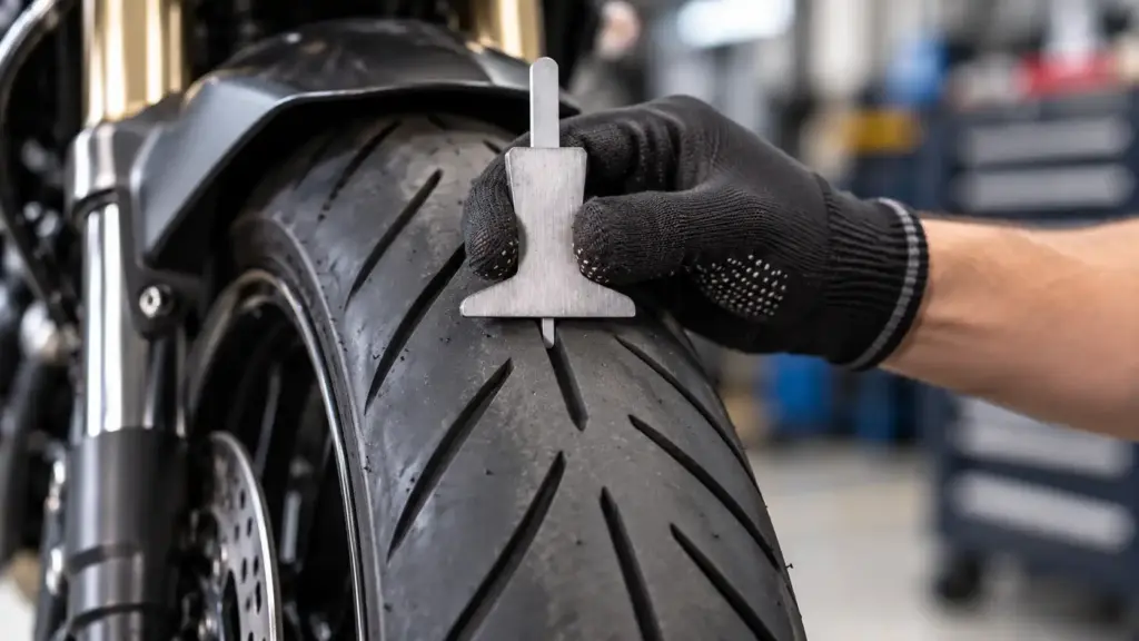 Profondimetro inserito nella scanalatura del battistrada di uno pneumatico moto