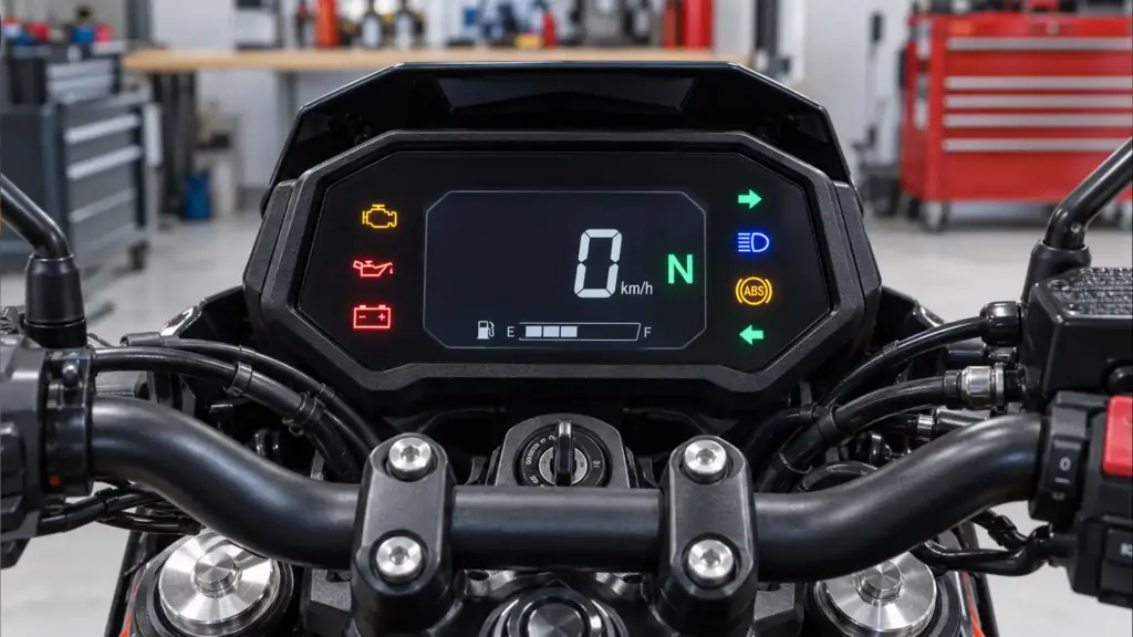 Quadro strumenti di una moto con gli indicatori luminosi visibili